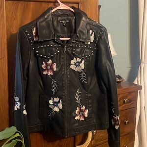 Vintage black faux leather embroidered and studded jacket.